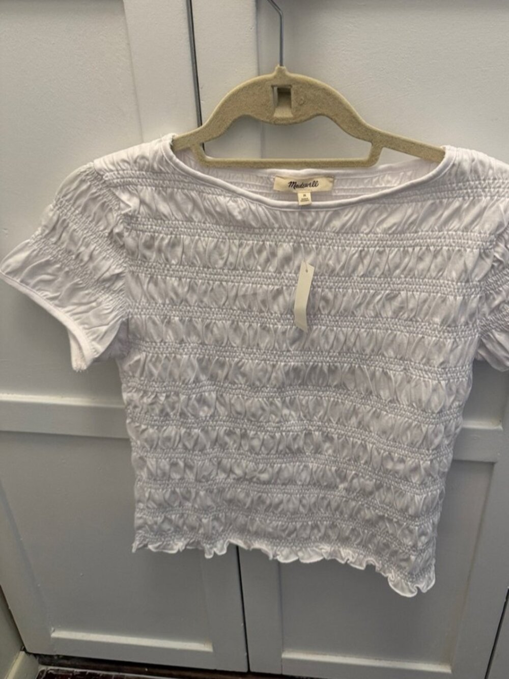 White Smocked Short Sleeve Top size M
